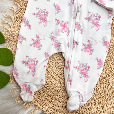  Macacão de Malha com Abertura em Zíper Flores Rosas - Off White